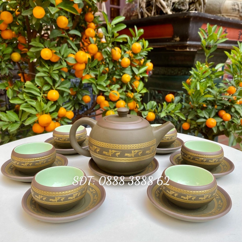Bộ Ấm Chén Uống Trà, Bộ Ấm Chén Bát Tràng - Tử Sa Lạc Việt Xanh, Bộ Ấm Trà Trống Đồng Xanh