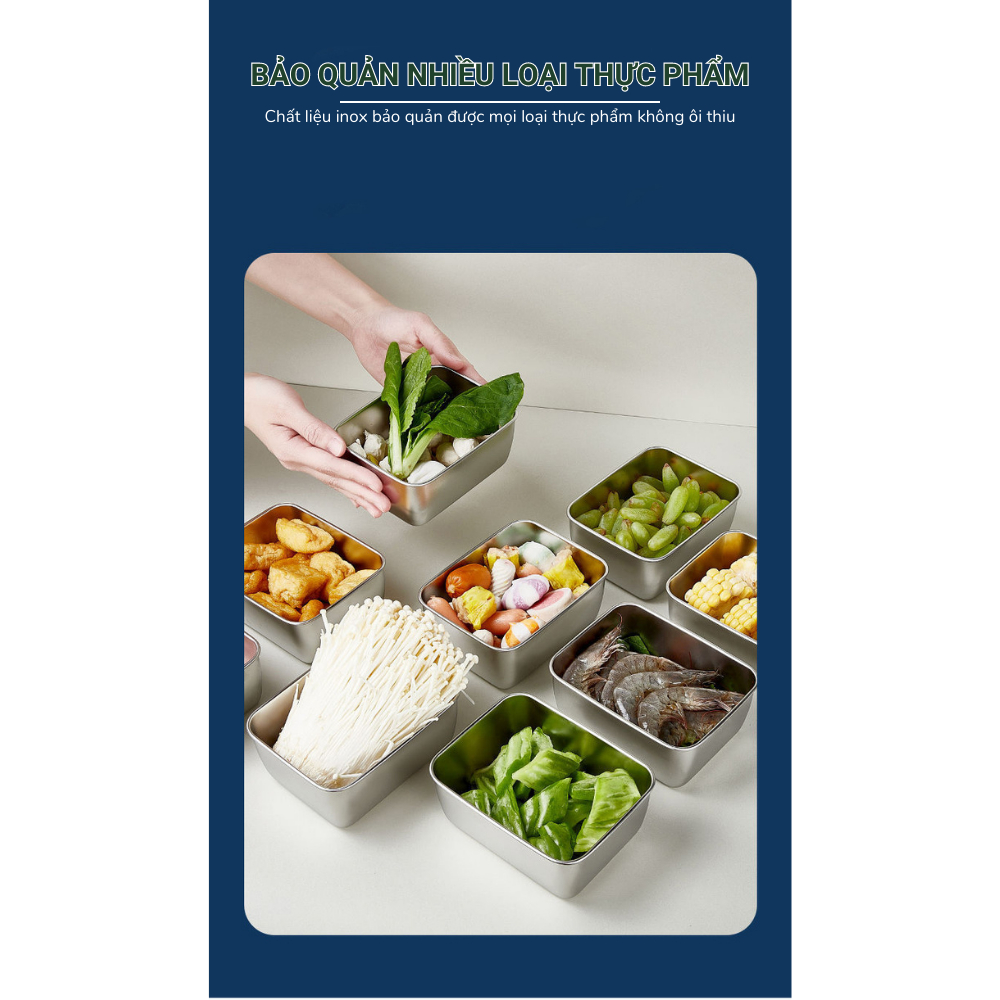 Hộp đựng thực phẩm tủ lạnh, set 5 hộp đựng bảo quản thực phẩm kèm nắp nhựa chất liệu inox 304 dùng được cho lò vi sóng