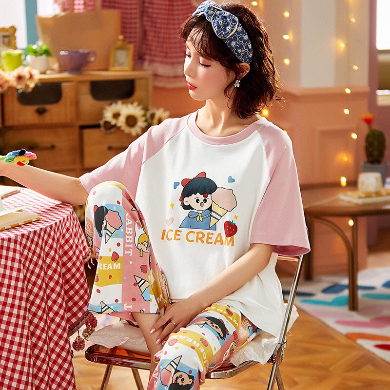 [Hoàn Tiền 6%] Bộ nữ mặc nhà quần dài áo cộc tay cute đáng yêu