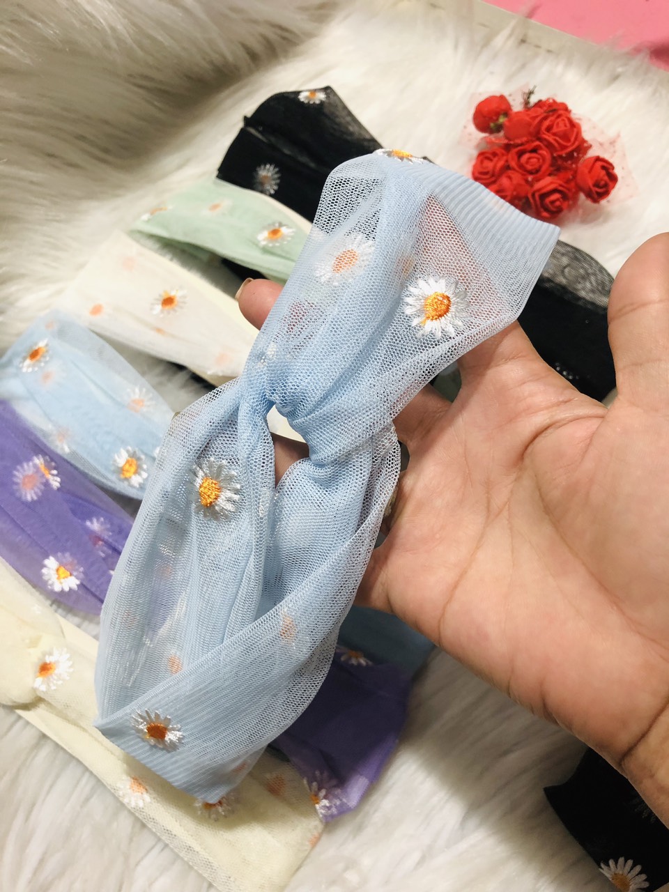 [HCM]Băng đô cài tóc voan lưới thêu hoa cúc