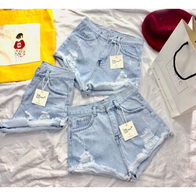 Quần short jean nữ rách lưng cao