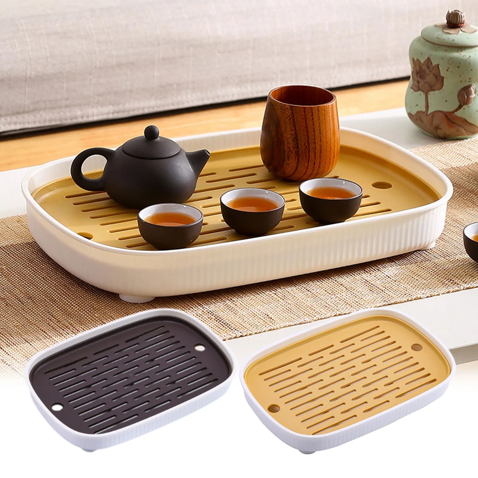 Khay trà nhựa có khay hứng nước kích thước 27cm x 19cm