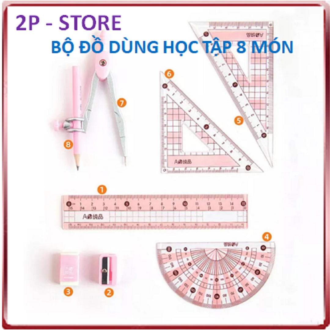 Bộ Compa, Eke Học Sinh, Gồm 8 Món: Compa, Chì Cây, Gọt Chì, Cục Tẩy, Thước kẻ, Thước Đo Độ, Eke Và Eke Vuông - 2P - Store