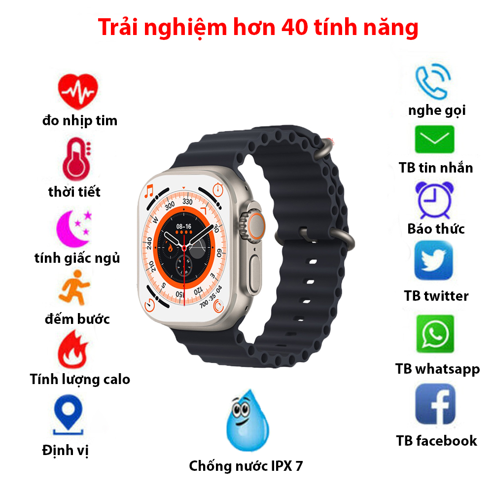 Đồng Hồ Thông Minh Smart Watch T800 Ultra Viền Titan Siêu Bền, Có Tiếng Việt, Nghe Gọi 2 Chiều, Chống nước IP 68, Định vị GPS, Sạc Nhanh Không dây