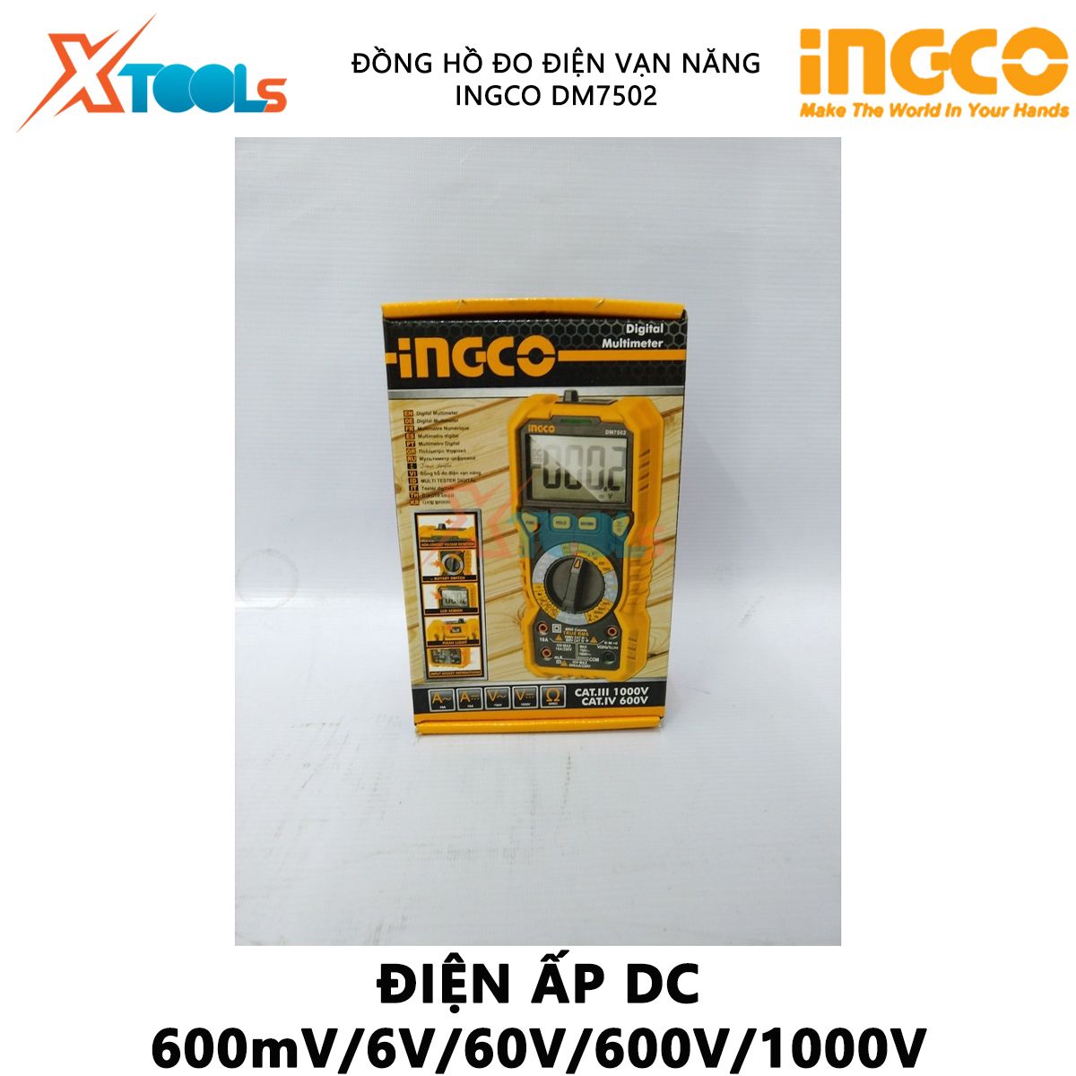 Đồng hồ vạn năng INGCO DM7502 Đồng hồ đo điện vạn năng LCD, số đếm 6000 đo điện áp, dòng điện AC/DC, đo tần số và nhiệt độ
