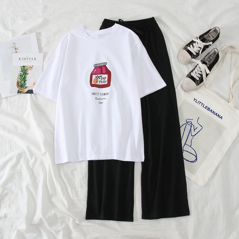 [PHÁ CÁCH 04] Mix Phối Sét Bộ Quần Áo Nữ Xinh Cute Mặc Đi Chơi Dạo Phố, Chất Liệu Áo Cotton Organic Ngắn Tay Cổ Tròn In Mèo Lấp Hộp Cơm Kèm Quần Ống Rộng Thun Cát Co Giãn Nhẹ Phong Cách Thời Trang Trẻ Hàn Quốc