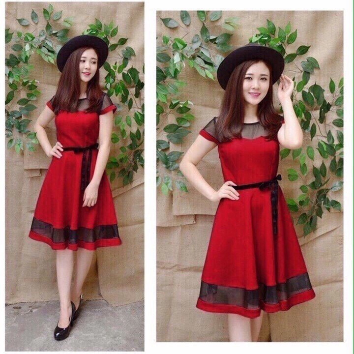 Đầm Xòe Phối Lưới Eo Thắt Dây