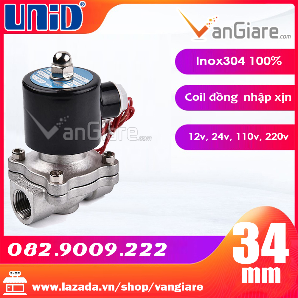Van điện từ INOX phi 34mm (Đầu coil nhập XỊN) UWS Uni-D, thường đóng 12V 24V 220V
