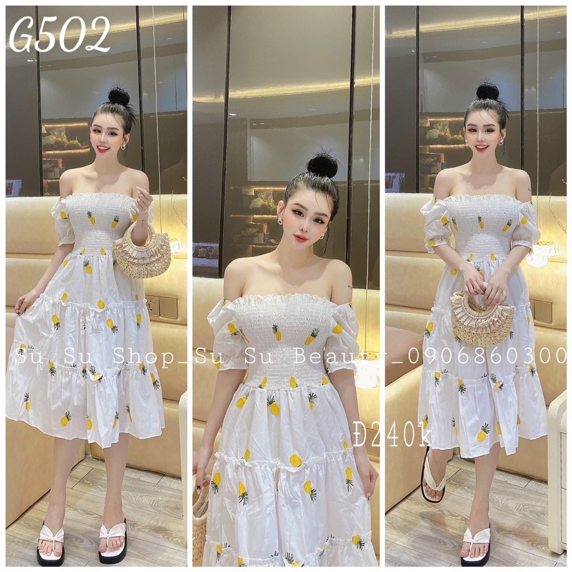 Đầm xoè trễ vai trái cây voan lụa G502