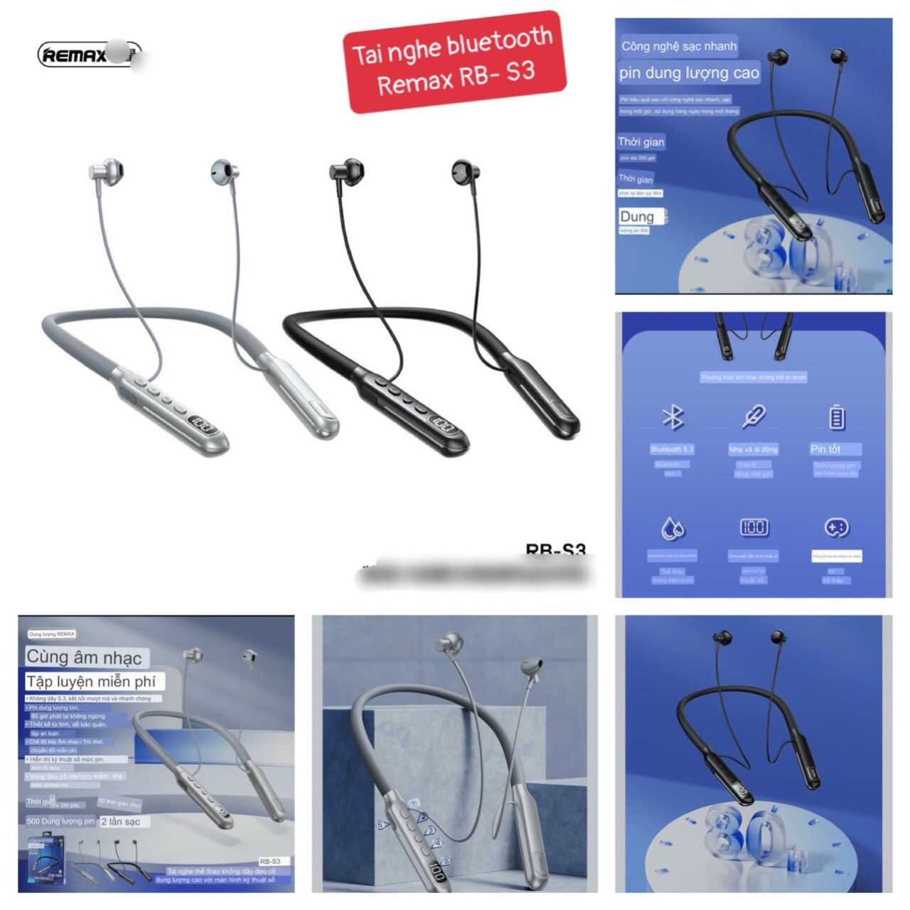 Tai nghe thể thao bluetooth đeo cổ remax rb-s6/tai nghe remax rb s3 bluetooth v5.3 cho âm thanh hay có mic đàm thoại