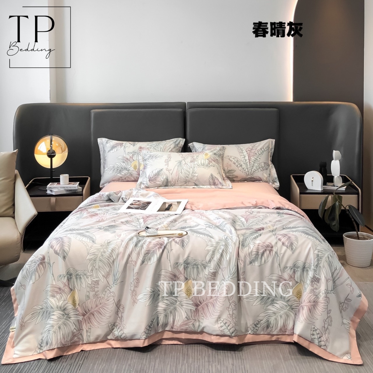 Bộ chăn ga gối phi lụa cao cấp thêu họa tiết Genji Decor