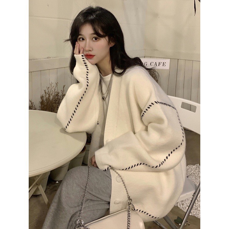 Áo khoác len cardigan đen trắng viền chỉ dày đẹp