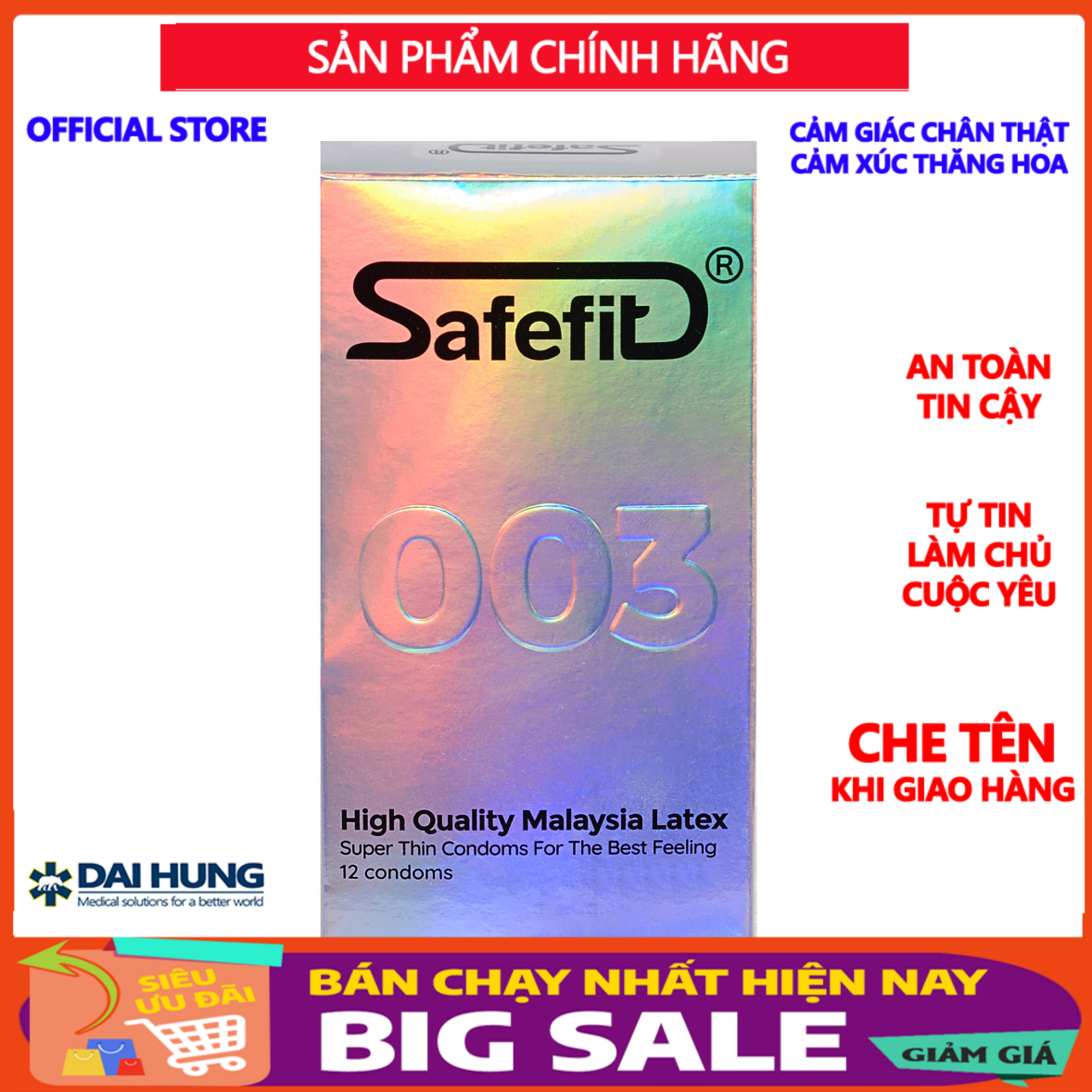 [Mua 1 tặng 1] Bao cao su CỰC SIÊU MỎNG Safefit 003 mỏng chỉ 0.029mm - 12 chiếc + TẶNG 3 chiếc