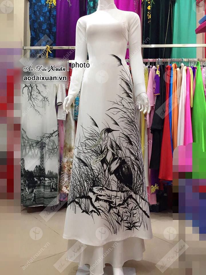 áo dài 4 tà cỏ lau đen trắng - 190108