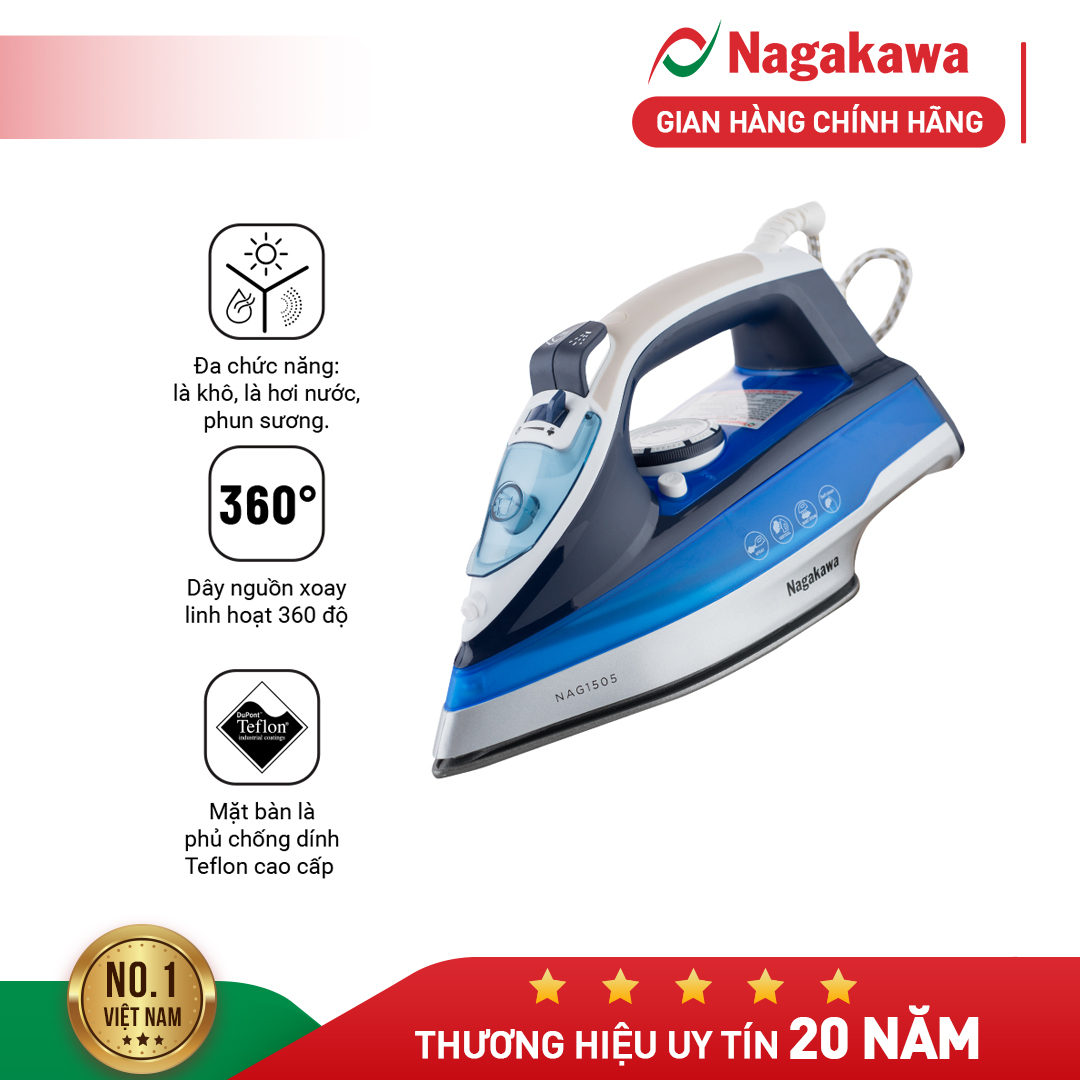 Bàn ủi hơi nước Nagakawa NAG1505, công suất 1200W, dùng cho mọi loại vải, chống dính cao cấp, chế độ ngắt tự động, bảo hành 12 tháng