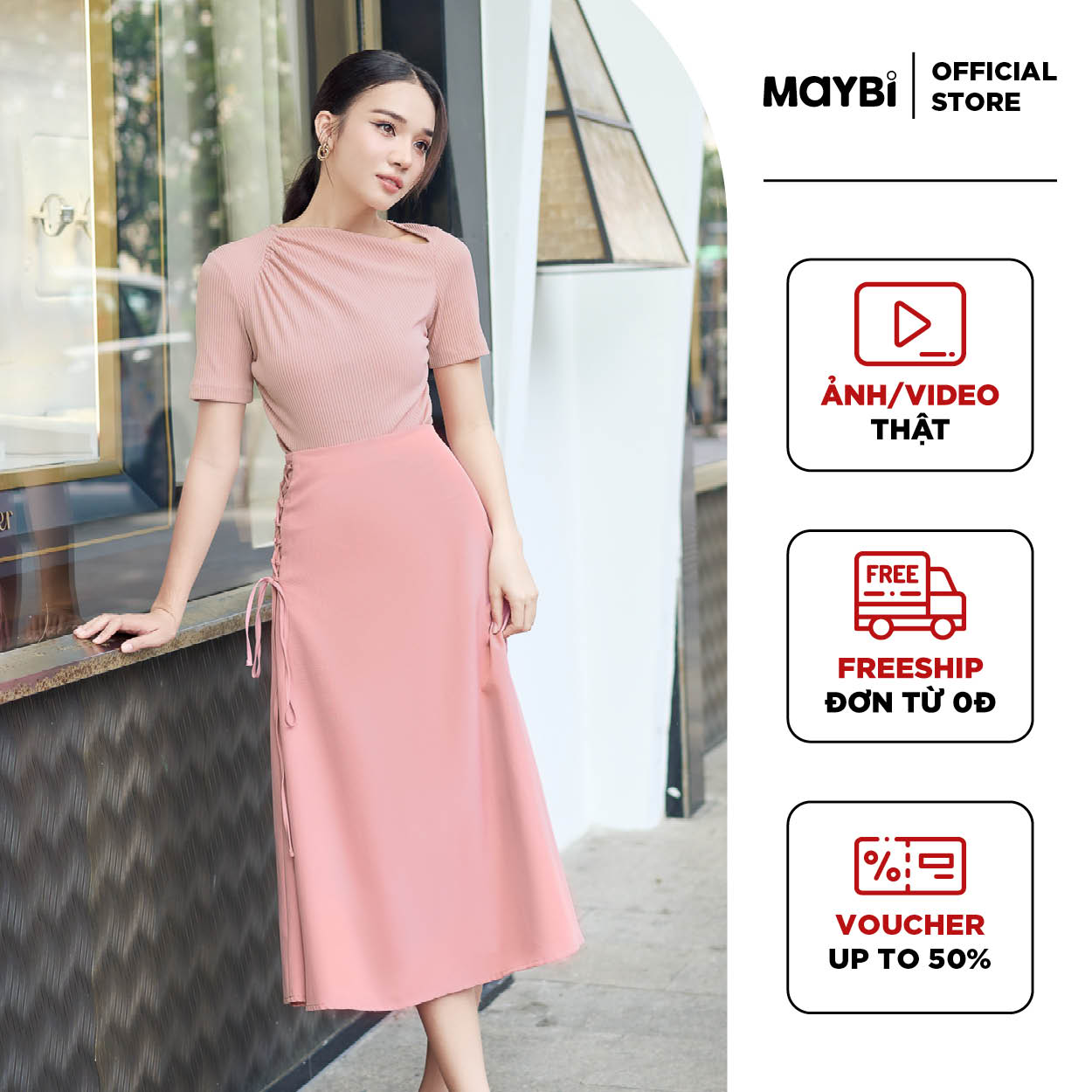 Chân váy midi xòe phối đan dây Maybi