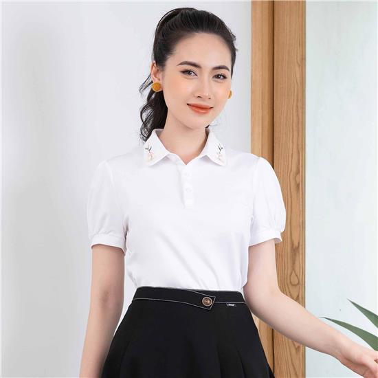 [HCM]Áo thun trắng cổ polo thêu hoa