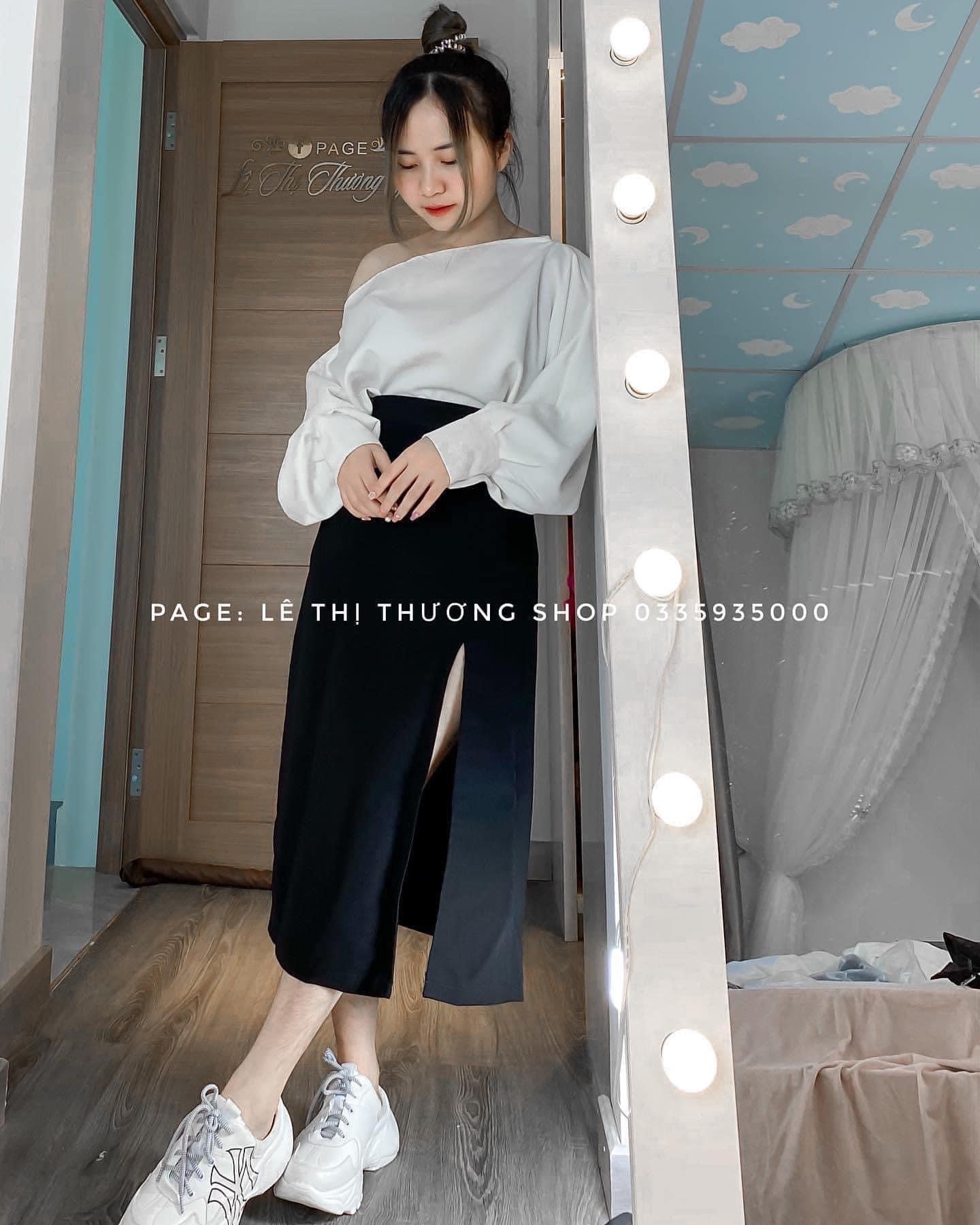 Set váy xẻ tà + áo lệch vai tay bồng