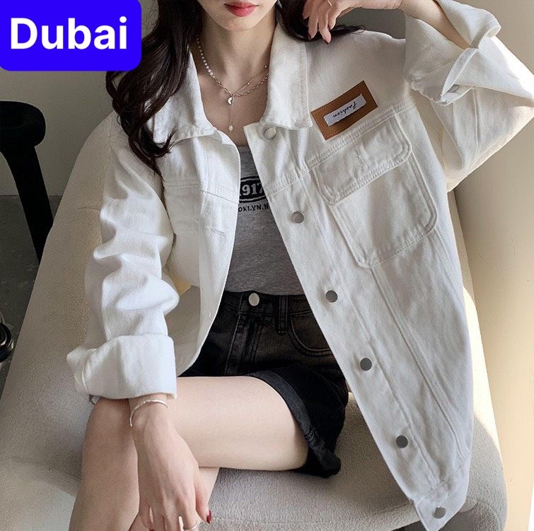 Áo khoác jeans nữ form rộng, áo khoác kaki bò dài tay phong cách unisex xinh xắn - dubai fashion