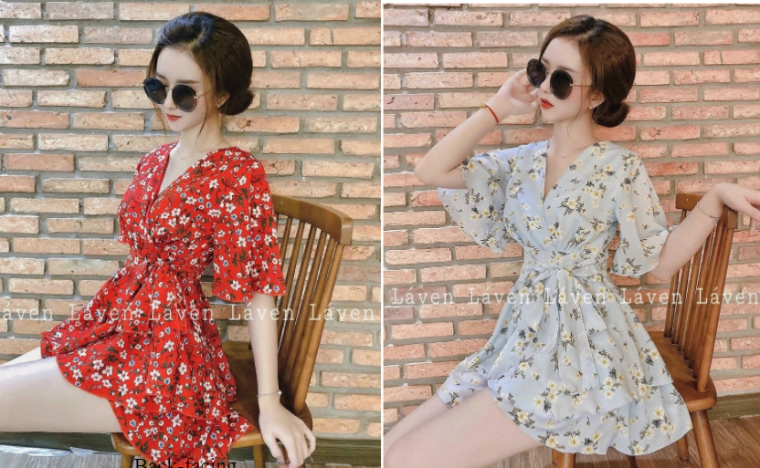 Đầm hoa  cổ V cột nơ eo