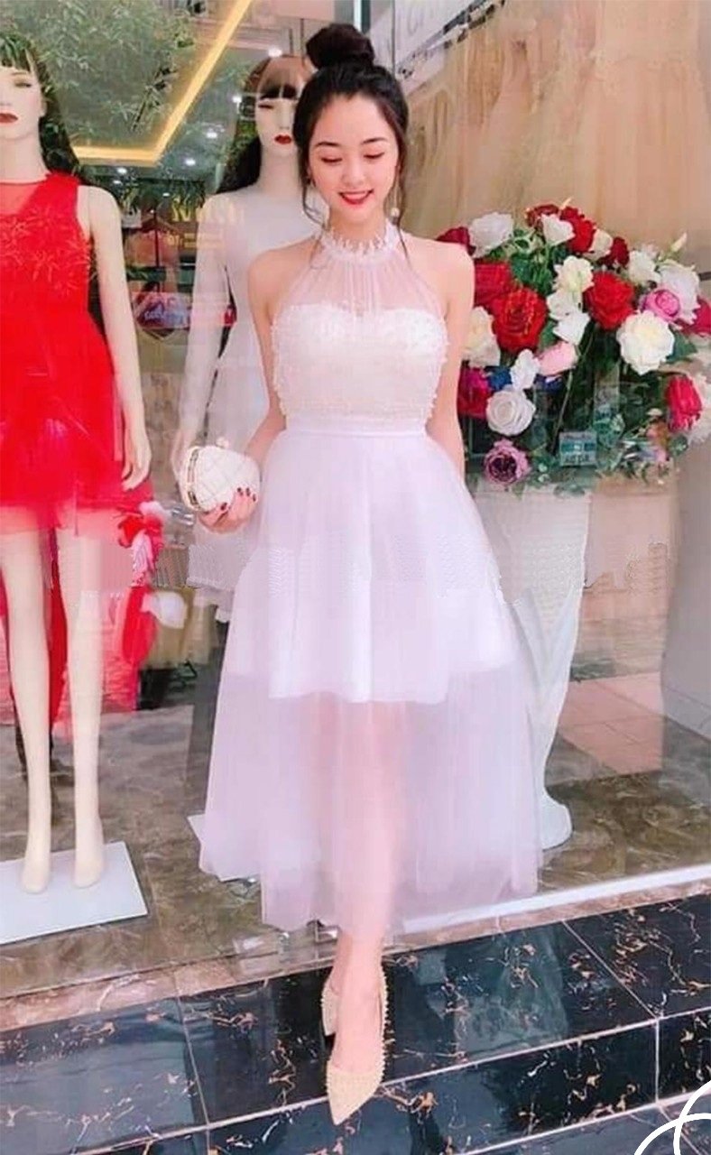 Đầm Xòe Ren Ngọc Trai Phối Lưới