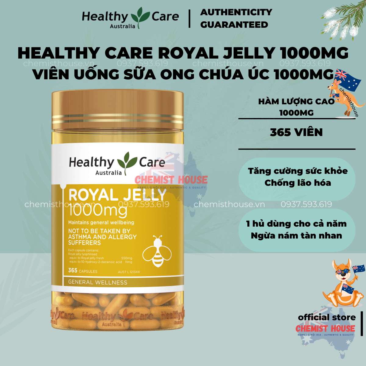 [Hàng Chuẩn ÚC] Healthy Care Royal Jelly Sữa Ong Chúa Hảo Hạng 1000mg 365 viên đẹp da mờ thâm sạm nám tăng cường sức khỏe sinh lý nữ
