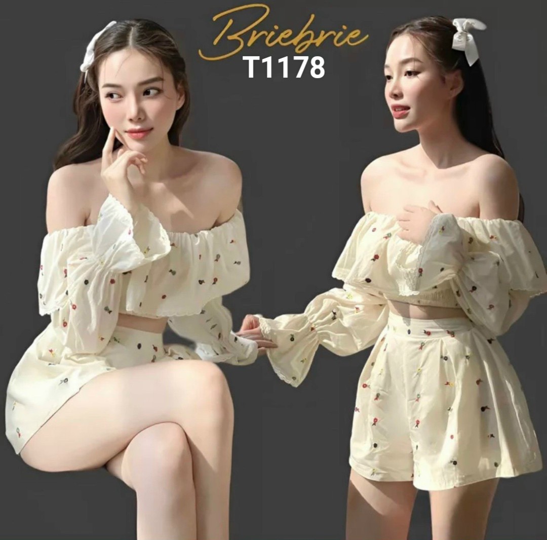 Set áo cup ngực chạy mocking phối ren tay và ren bèo kèm quần có lót màu y hình T1178