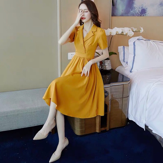 [HCM]Đầm sm vàng nghệ nút bọc