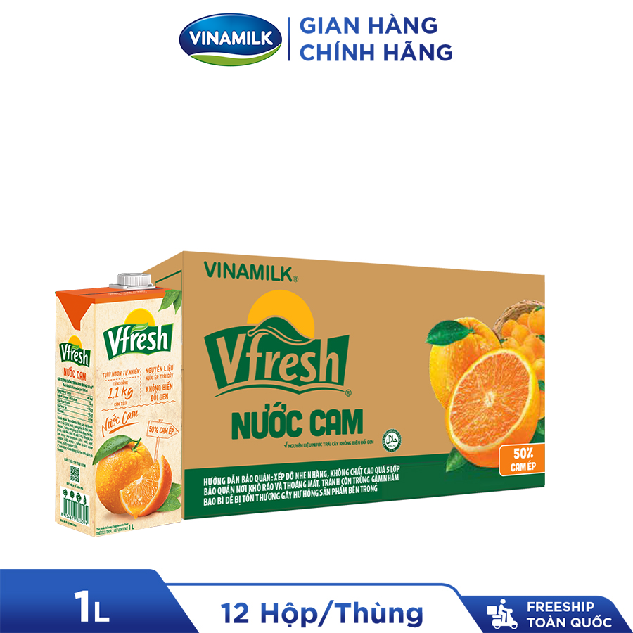 Thùng 12 hộp Nước Vfresh cam ép Necta 50% Hộp giấy 1L