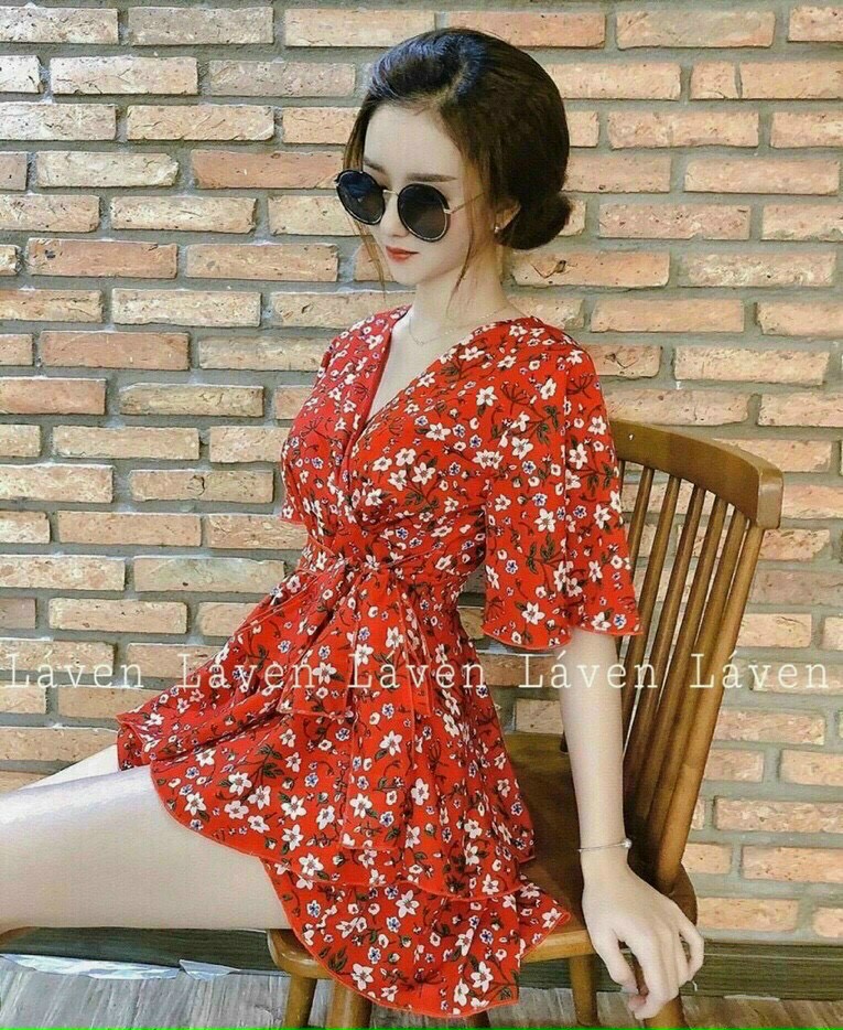 Đầm hoa cột nơ eo siêu xinh chất lụa mềm mịn mặc mát mẻ .qc
