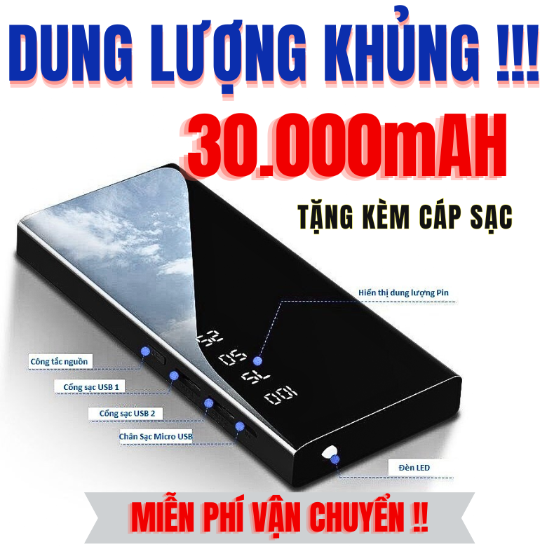 PIN SẠC DỰ PHÒNG THIẾT KẾ MÀN HÌNH GƯƠNG CỰC SANG TRỌNG 2 CỔNG SẠC NHANH ĐÈN LED SIÊU SÁNG TẦM NHÌN TỐT SẠC DỰ PHÒNG AN TOÀN CHO MỌI DÒNG ĐIỆN THOẠI