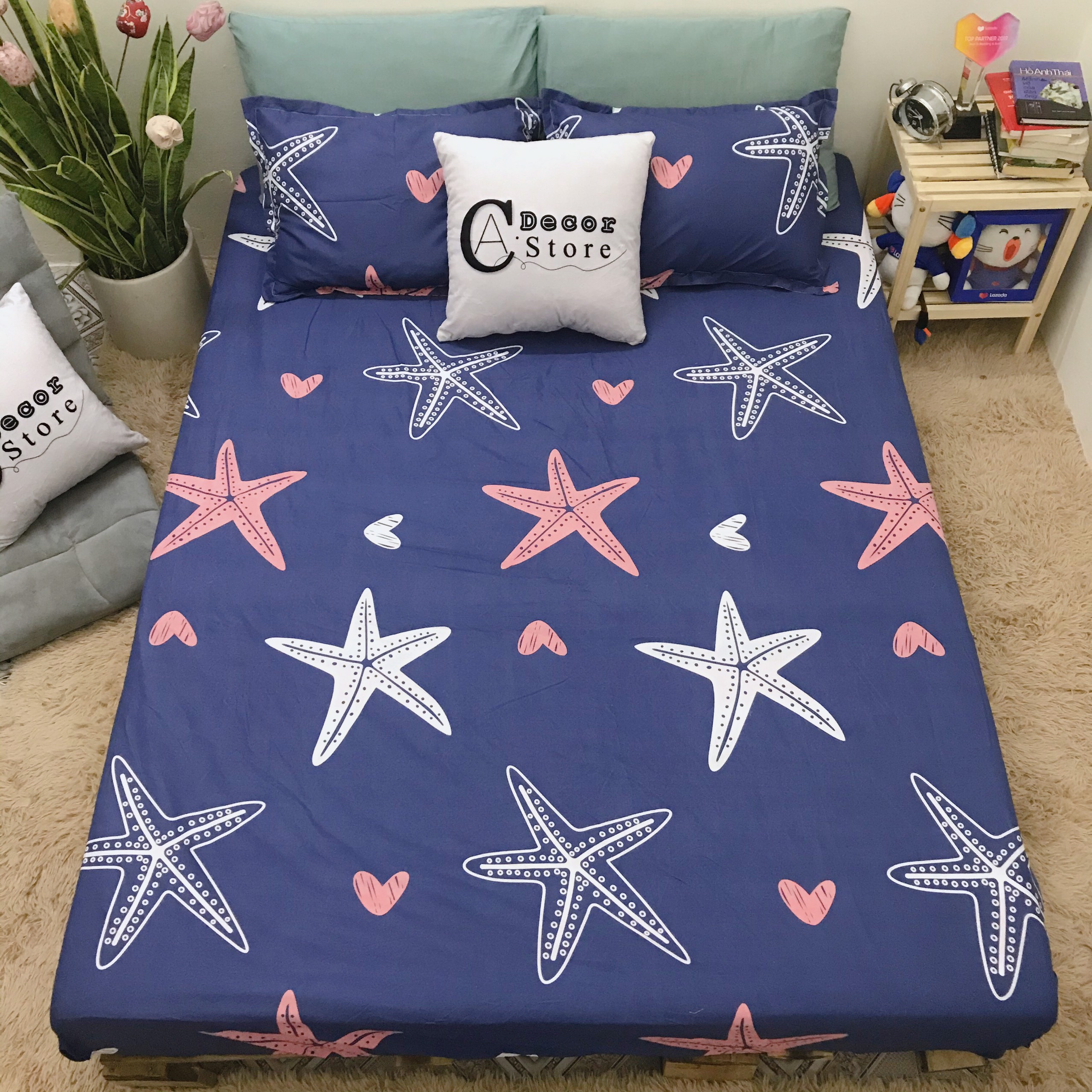 Bộ Ga Giường Kèm 2 Vỏ Gối Cotton Poly C.A Decor, Hình Sao Biển Chất Liệu Thoáng Mát , Kích Cỡ Đa Dạng