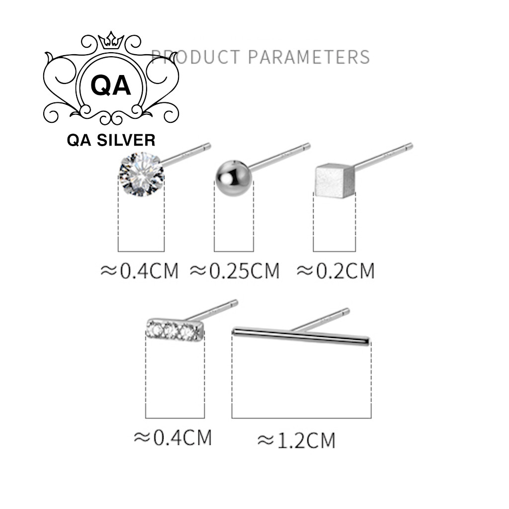 Set bông tai bạc 925 nụ 5 món khuyên đính đá nam nữ unisex S925 MINIMAL QA SILVER Earrings EA200413