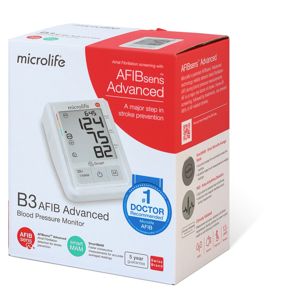 Máy đo huyết áp, máy đo huyết áp điện tử bắp tay microlife b3 afib advanced ngăn ngừa đột quỵ bảo hành 5 năm mdhab3advan
