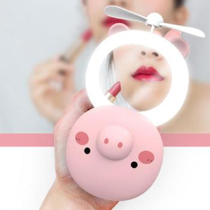 QUẠT MINI CẦM TAY GẤP GỌN CÓ ĐÈN LED KÈM GƯƠNG TRANG ĐIỂM HÌNH HEO ĐÁNG YÊU 3IN1 SẠC ĐIỆN SIÊU HOT