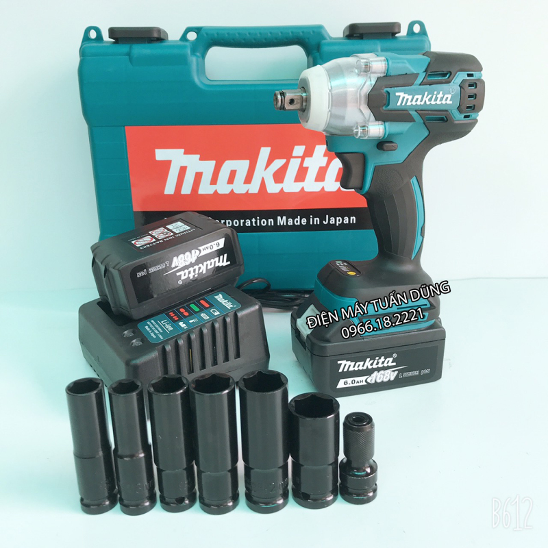 Máy bắn bulong pin Makita 168V-6Ah Lực siết 500Nm KÈM 1 ĐẦU CHUYỂN VÍT VÀ 5 KHẨU DÀI