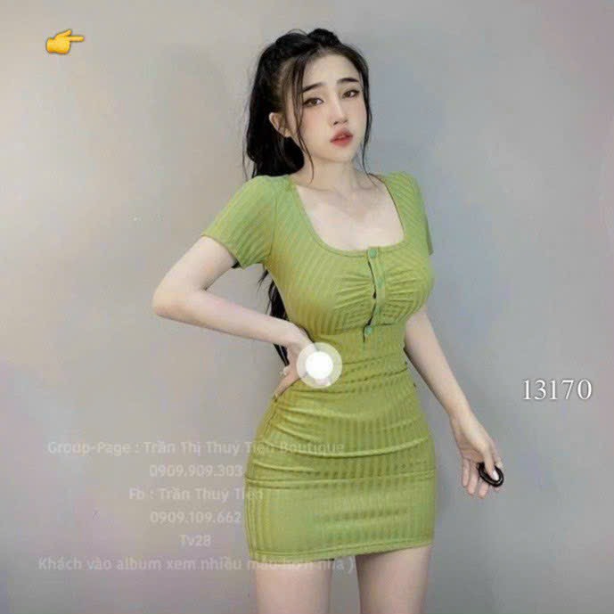 Đầm gân nút tay ngắn ôm body về full màu