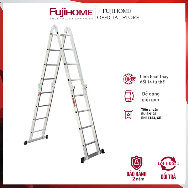 Bảng giá Thang nhôm gấp 4 đoạn Nhập Khẩu 3.7 mét siêu đa năng FUJIHOME ML103, thang chữ M xếp gọn 4 khúc gia đình aluminum ladder- Bảo hành 1 năm