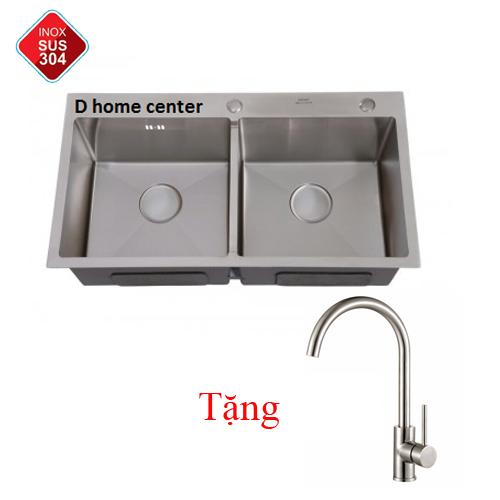 Chậu rửa bát inox 304 Đúc Nguyên Khối 82 x 45 cm 2 hố cân - Tặng kèm vòi nóng lạnh inox 304