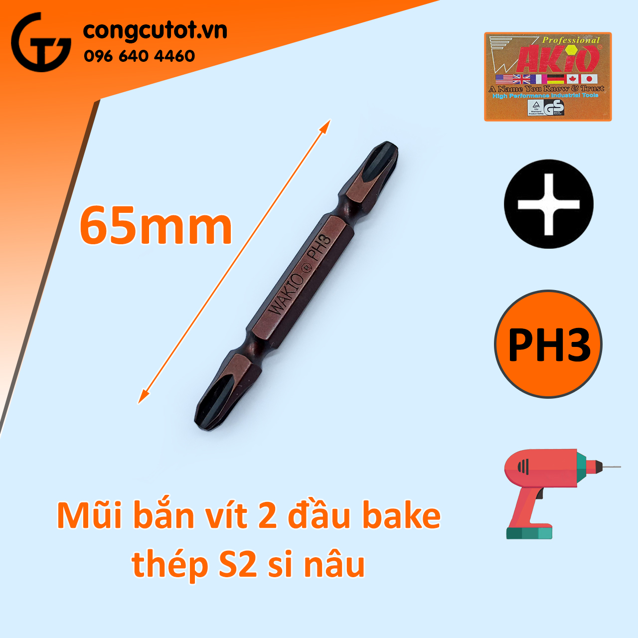 Mũi bắt vít 2 đầu PH3 Wakio dài 65mm