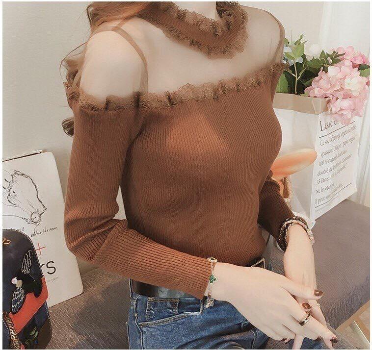ÁO LEN NỮ CỔ PHỐI REN - Màu Trắng