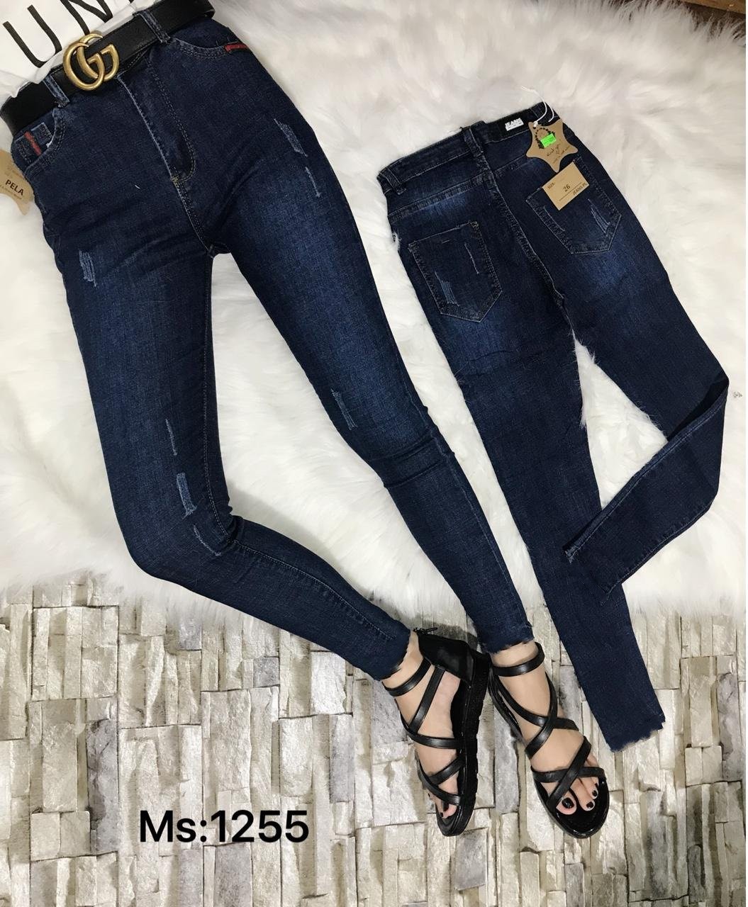 Quần jean nữ xanh đậm cào xước tua lai 1255
