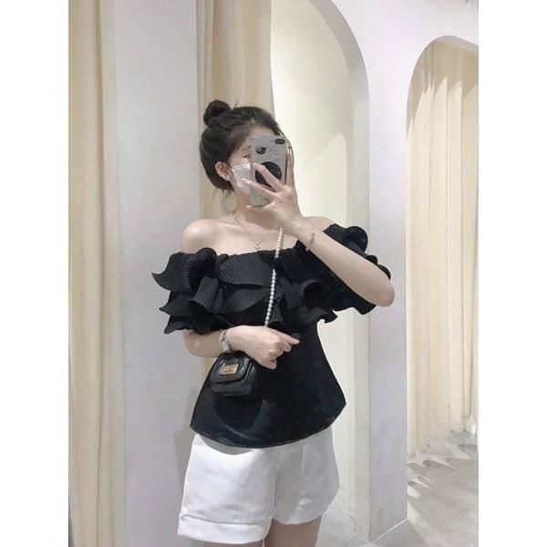 [HÀNG ĐẸP] Set Áo Bẹt Vai Bèo Ngực Trắng Đen