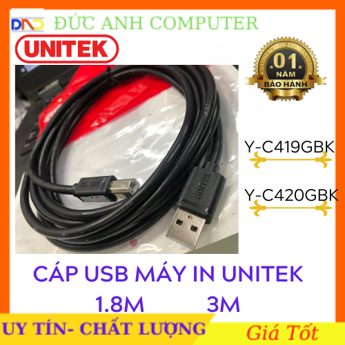 Cáp máy in cổng USB 1.8M - 3M UNITEK YC419/ YC420 - Hàng Chính Hãng Phân Phối- Bảo Hành 12 Tháng