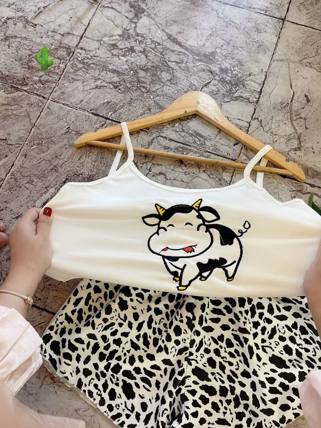 [Freeship] set đồ bộ bò sữa áo dây thun borip co dãn thoải mái