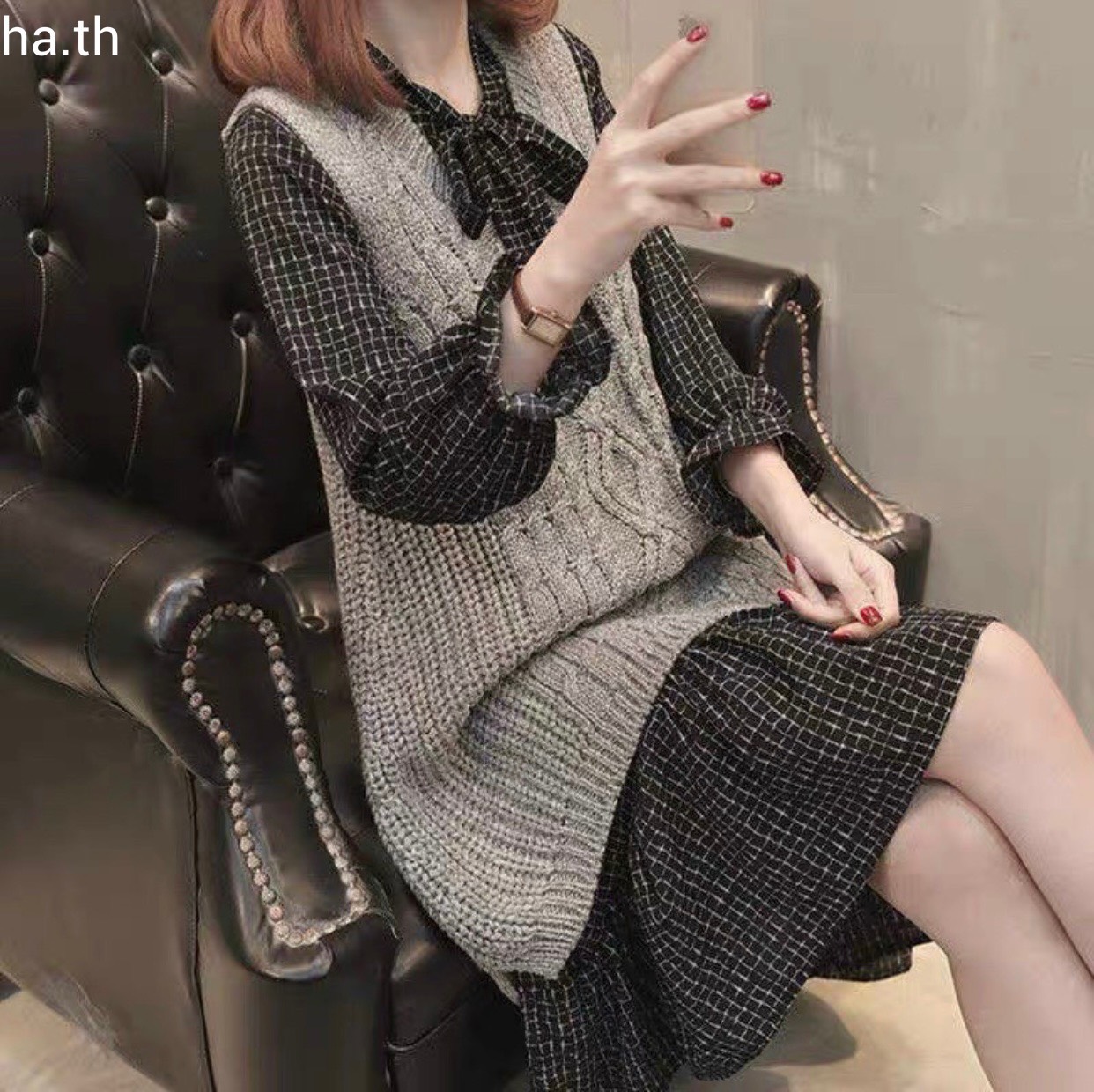 Set áo len gile váy đuôi cá cổ nơ