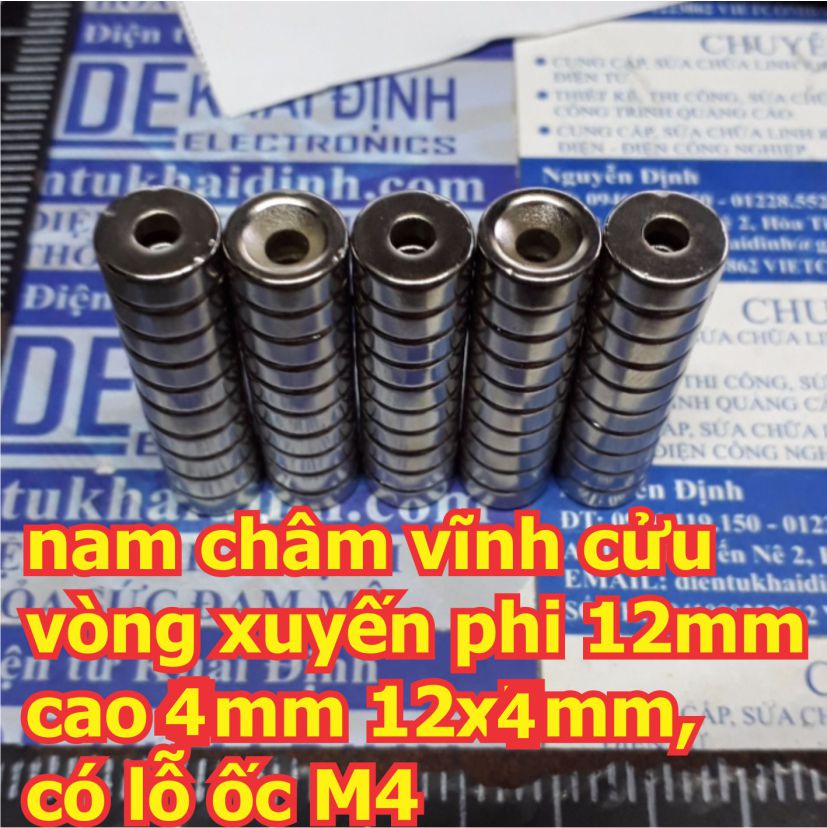 5 viên nam châm vĩnh cửu, nam châm đất hiếm tròn phi 12mm cao 4mm 12x4mm, có lỗ ốc M4 kde5707