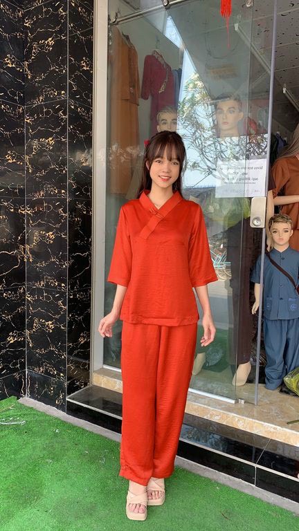 Đồ Lam Đi Chùa #Bộ lụa pháp trơn 1 nút# Quần Áo Nữ
