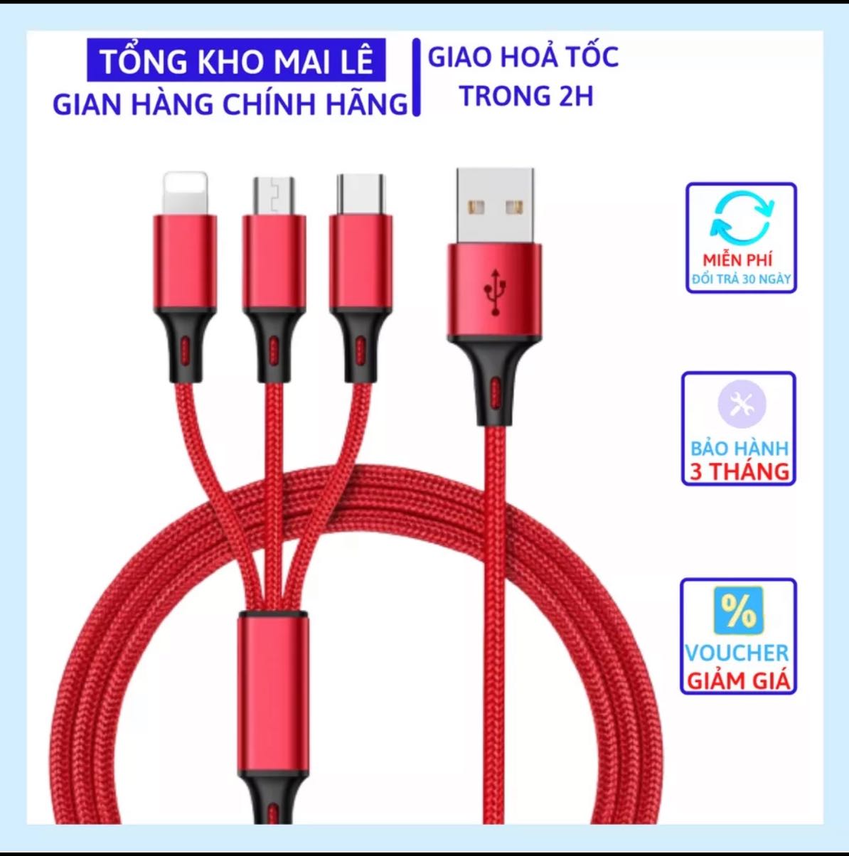 Dây Cáp Sạc đa năng 3 trong 1 hỗ trợ 3 Đầu Lightning - Micro USB - Type C, cáp sạc iphone, cáp sạc Android data cable