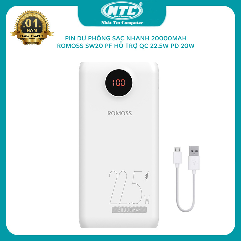 Pin dự phòng sạc nhanh romoss psw20pf 20000mah lcd - hỗ trợ qc 22.5w và pd 20w